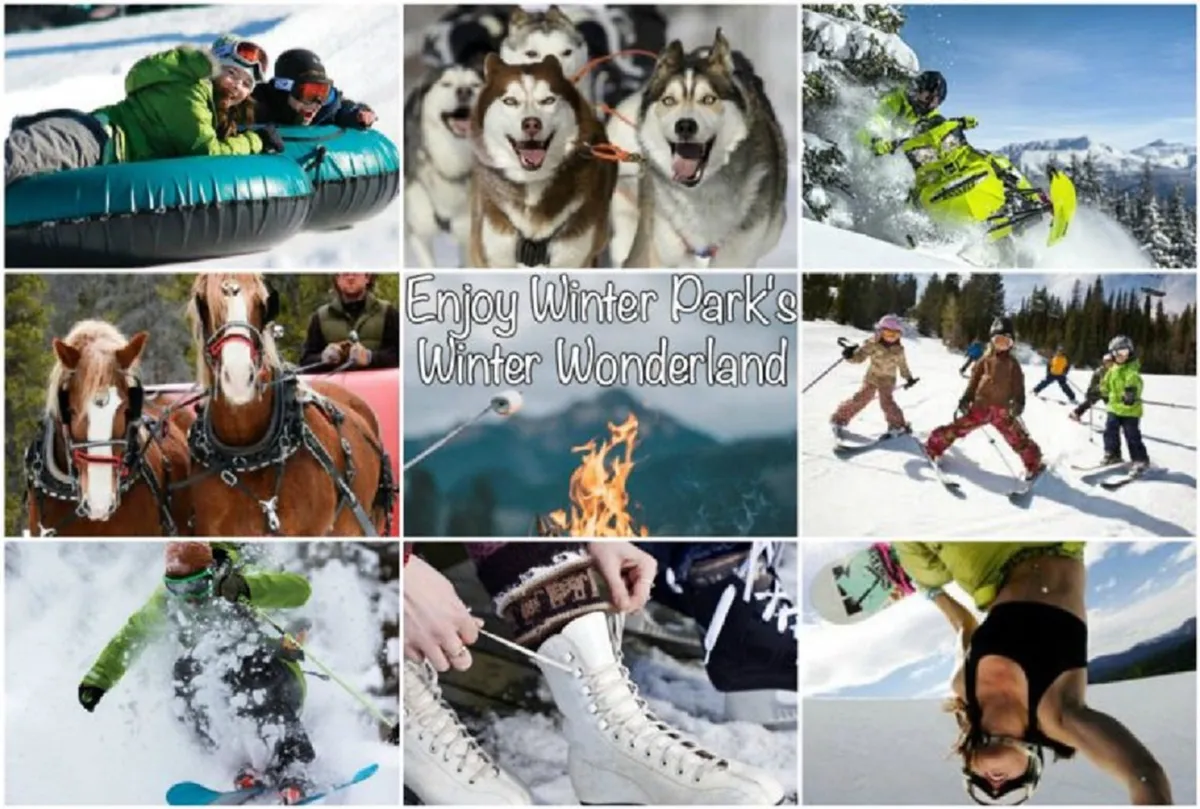 This lively winter scene shows families and children tubing down snowy hills, huskies pulling sleds, snowboarders and skiers in action, and children playing in the snow. There's also a cozy fire pit and skating boots, capturing a range of Winter Park's winter activities.