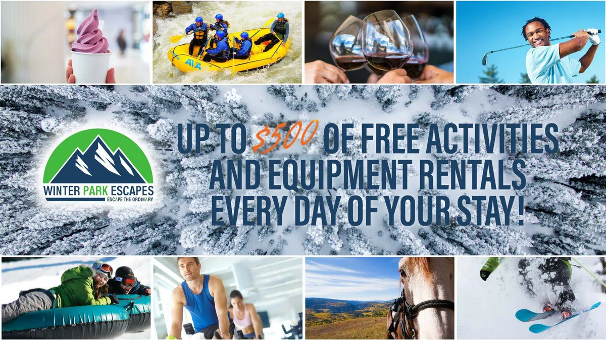 An energetic scene showing people engaging in adventurous activities such as white-water rafting, skiing, horseback riding, wine tasting, and enjoying ice cream, with promotional text emphasizing curated experiences.