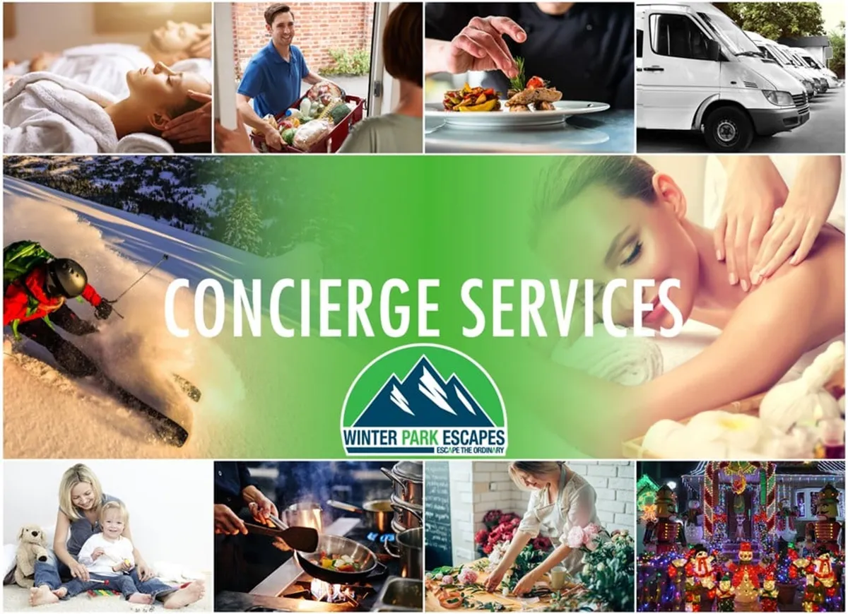 A collage-style image featuring a luxurious spa treatment setup, a skier enjoying the slopes, a family gathered around the dining table, gourmet meals being served, and a concierge providing service, all against a festive backdrop.