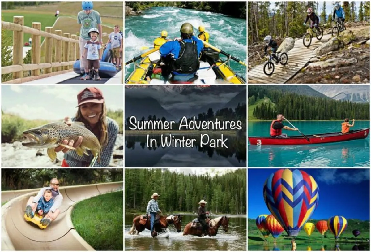 Bright and energetic, this image features families enjoying summer outdoor activities such as rafting, biking, fishing, kayaking, and even hot air balloons against a backdrop of adventure-filled landscapes.